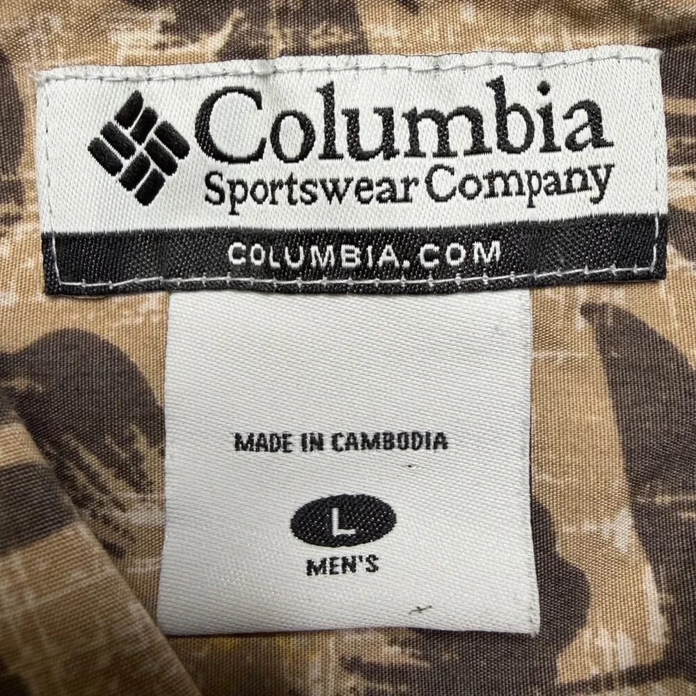 Columbia Button Down Shirt Mens L Tan Tropical Marlin Floral Short Sleeve Casual